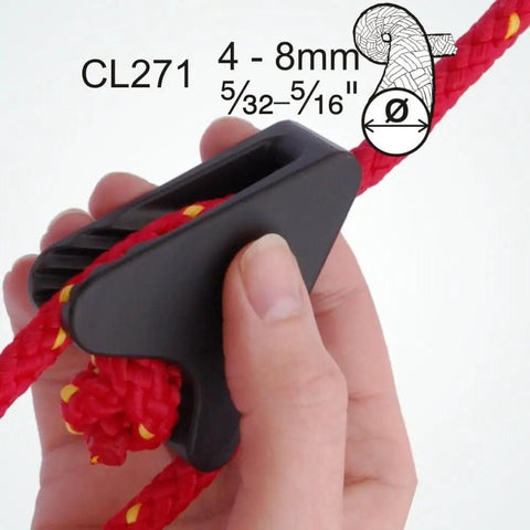 Heavy Duty Line-Lok Cleat CL271 For Tents, Marquees, Hammocks And Ropes, Quick Tension And Release, shown gripping red rope