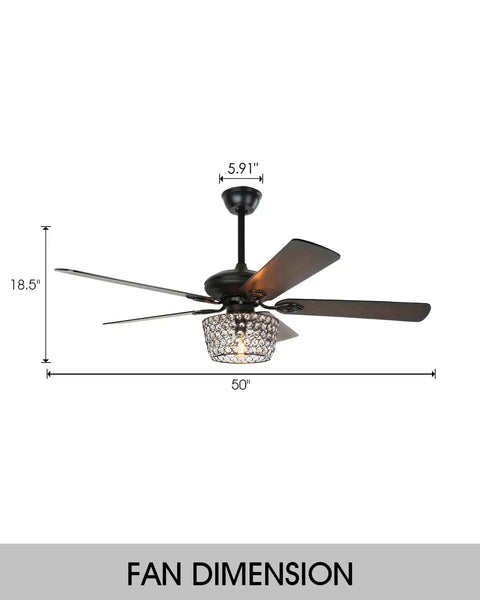 Rad Retro Style Ceiling Fan With Lights And Diamond Crystal Lampshade, Five Blade Rustic Wood Finish, dimensions shown