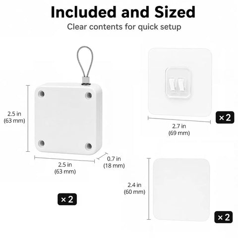 Dimensions and components of Heavy Duty Door Closer Kit With 1000G Pull Force For Sliding Screens And Interior Bedroom Doors White Reinforced Steel