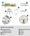All New Deadbolt Door Lock Set Heavy Duty For Exterior Front Doors With ANSI BHMA Grade 3 Security Satin Brushed Nickel Finish Brass Cylinder Rust Proof Self Lubricating For 1 Million Key Turns Built To Last components displayed