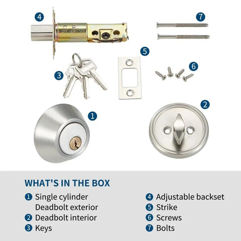 All New Deadbolt Door Lock Set Heavy Duty For Exterior Front Doors With ANSI BHMA Grade 3 Security Satin Brushed Nickel Finish Brass Cylinder Rust Proof Self Lubricating For 1 Million Key Turns Built To Last components displayed