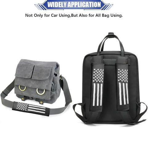 Premium Two Pack Seat Belt Shoulder Pads For Your Daily Driver Crafted From Tough Carbon Fiber Leather And Styled With A Classic USA Flag Patch, shown on bags.