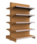 Slick Heavy Duty, Five Tier Double Sided Storage Rack Featuring Adjustable Metal Frame And Wood Panels in brown color.