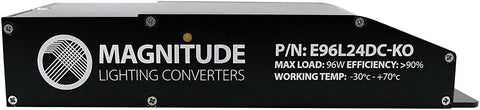 96W 24V DC Voltage Dimmable Class 2 LED Driver E96L24DC KO, black housing, side view showing brand and specifications