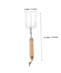 Multi Tool Garden Hand Shovel And Three Tooth Planting Fork With Built In Rake showing wooden handle and fork dimensions