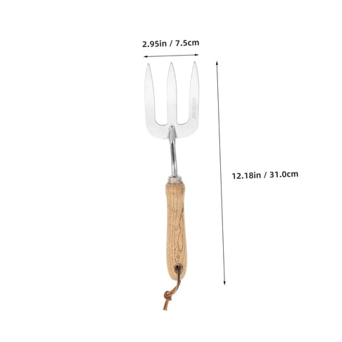 Multi Tool Garden Hand Shovel And Three Tooth Planting Fork With Built In Rake showing wooden handle and fork dimensions