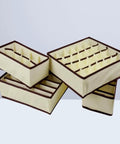 Premium Fashion Forward Non Woven Foldable Drawer Organizer Set For Bras Underwear Socks And Ties, beige with brown trim.