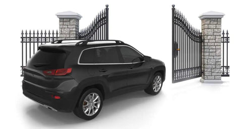 Black SUV exiting through gate with CP-4 Smart Driveway Free Exit Wand Sensor System With 100 Foot Cable For Gate Openers visible