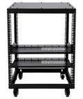 Rock Solid 15U Open Frame Network Server Rack Wall Mount Or Floor Stand Adjustable Depth 23 To 40 Inches Heavy Duty Carbon Steel Equipment Rack For AV IT Gear With Vented Shelves Built Tough, front view with two shelves.