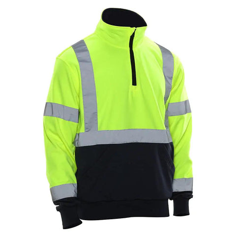 High Visibility 2 Tone Safety Sweatshirt With ANSI Class 3 Compliance Quarter Zip Lime And Navy XL Reflective Tape For Roadway Crew
