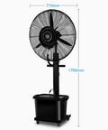 Heavy Duty Oscillating Mist Fan With Three Speed Levels And Adjustable Pedestal for outdoor cooling, showing dimensions and design.