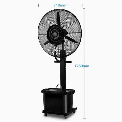 Heavy Duty Oscillating Mist Fan With Three Speed Levels And Adjustable Pedestal for outdoor cooling, showing dimensions and design.