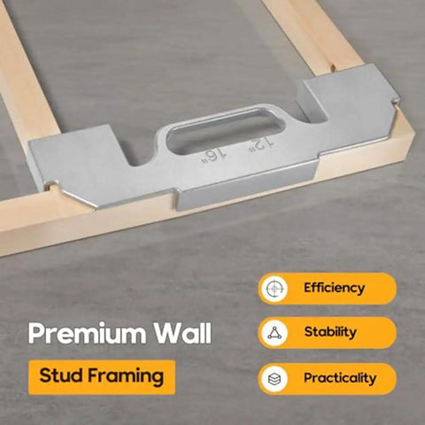 2-in-1 Stud Finder & Spacing Tool 16 & 12 Inch Center Layout Tool Cast Aluminum showing stability on wood framing.