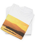 Outrigger Canoe Sunset Molokai Hawaii Tee Unisex Heavy Cotton Shirt White Size Large with Relaxed Fit, folded view