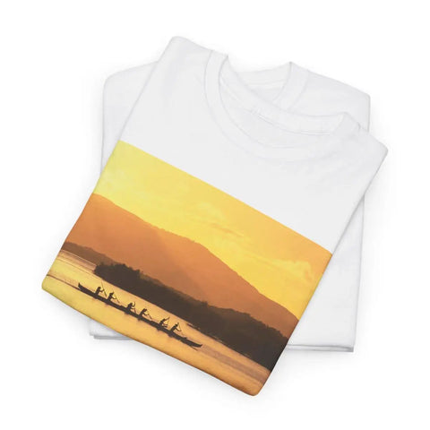 Outrigger Canoe Sunset Molokai Hawaii Tee Unisex Heavy Cotton Shirt White Size Large with Relaxed Fit, folded view