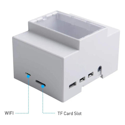 Side view of Raspberry Pi 4 DIN Rail Case With Built In Fan Modular Box For Electrical Panels Heat Sinks Included For Pi 4 Model B