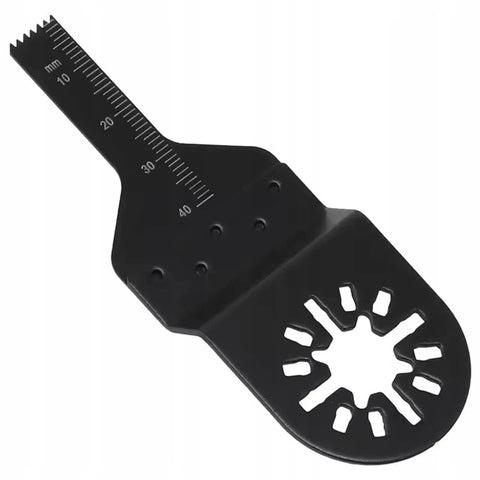 Close-up of a black HCS blade from Pro-Grade Oscillating Tool Accessory Kit 24-Piece Set With OIS Adapter.