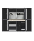Heavy Duty Industrial Storage Cabinet With Integrated Wooden Workbench And Steel Tool Chest Organizer For Garage Or Workshop Setup showing drawers and shelves.