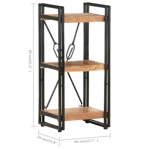 Three-Tier Acacia Wood Bookcase With Powder-Coated Steel Frame, Industrial Style Shelving Unit, 15.7x11.8x31.5 Inches, angled view