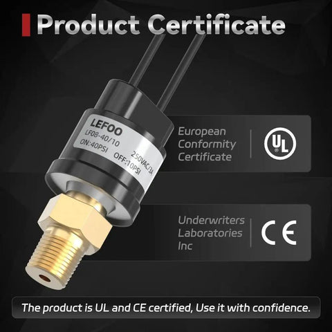 Air Compressor Pressure Switch 10 To 40 Psi Normally Open One Eighth NPT Brass Body 30cm Wire Leads, product certifications shown.