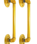 Heavy Duty 14 Inch Gold Industrial Pipe Barn Door Pull Bar Set With Rustic Knobs And Handles Great For Doors Gates Barns And Sliding Hardware 2 Pack Gold Finish showing two gold-finished handles mounted on a white background