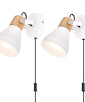 Wooden Plug In Wall Sconce Set Of 2 Matte White Chic Rotatable 360 Degree Wall Lamps With On Off Cord Switch For Bedroom Living Room
