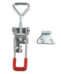 Heavy Duty Galvanized Toggle Latch Handle With 100 Kilogram Clamp Force For Secure Cabinets Tool Chests And Transport Cases Featuring Thick 2mm Steel Build For Maximum Hold And Tough Everyday Use Without Ripping Open, close-up with red handle