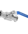 Sanitary stainless steel ball valve with blue lever; 1.5 in tri-clamp ends, 1 in tube OD for homebrew.