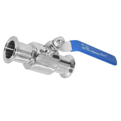 Sanitary stainless steel ball valve with blue lever; 1.5 in tri-clamp ends, 1 in tube OD for homebrew.
