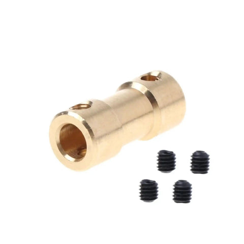 Slick Copper Motor Shaft Coupler Sleeve Adapter With 2mm To 5mm Bore for solid torque transmission, includes screws, brass material.