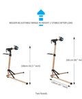 Two Leg Bike Repair Stand For Home Mechanics, Easy Setup Bicycle Maintenance Rack showing adjustable height range from 108 to 168 cm, stable red stand with measurements.