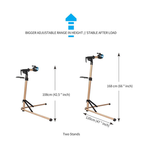 Two Leg Bike Repair Stand For Home Mechanics, Easy Setup Bicycle Maintenance Rack showing adjustable height range from 108 to 168 cm, stable red stand with measurements.