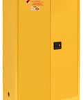 Heavy Duty 45 Gallon Flammable Safety Cabinet Yellow Steel Double Door Workshop Storage with safety labels for hazards.