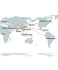 World map showing global connections of Xingo with lines to Europe, Japan, North America, Middle East, Mexico, Africa, and more.