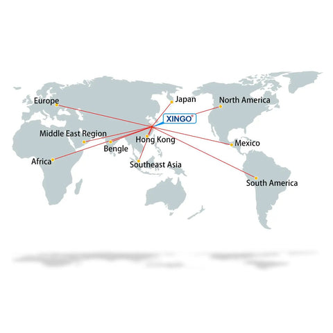World map showing global connections of Xingo with lines to Europe, Japan, North America, Middle East, Mexico, Africa, and more.