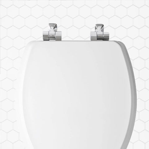 Round White Toilet Seat With Brushed Nickel Hinges Slow Close Wood Seat Secure Metal Hinges Easy Install Made In USA