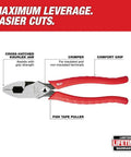 9 Inch Leverage Lineman Pliers With Crimper And Pipe Reaming Head featuring fish tape puller and comfort grip labeled parts