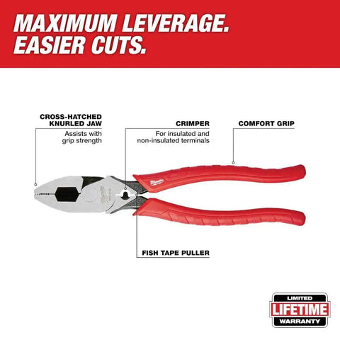 9 Inch Leverage Lineman Pliers With Crimper And Pipe Reaming Head featuring fish tape puller and comfort grip labeled parts
