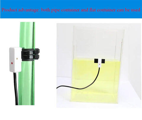 No Contact Liquid Level Sensor For Pipes And Tanks installed on a green pipe and clear tank for contactless water detection.