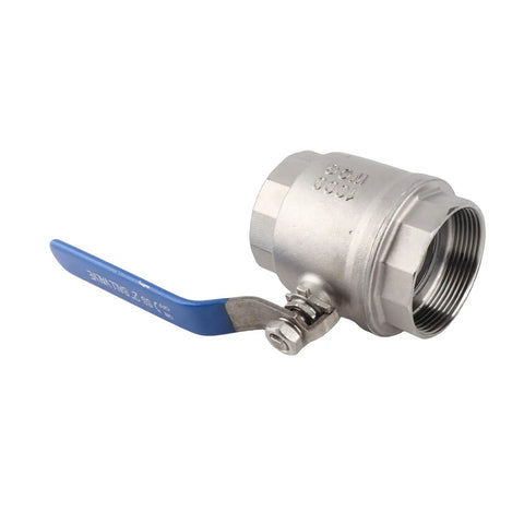 Two Inch Full Port Ball Valve Crafted From Premium 304 Stainless Steel For Heavy Duty Plumbing Jobs That Deliver Rock Solid High Pressure Flow Complete Rust Resistance And Truly Hassle Free Operation, viewed from an angle showing the blue lever.