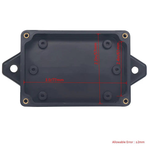 IP65 Waterproof ABS Plastic Project Box Junction Enclosure Built Tough For DIY Electronics Power Housing With Fixed Ear 3 Point 3 X 2 Point 3 X 1 Point 3 Inches Black Indoor Outdoor Rugged Ready, black enclosure top view