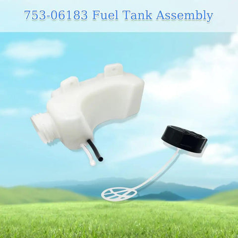 Fuel Tank Assembly Replacement For A Range Of Lawn Gear From MTD Craftsman Troy-Bilt Cub Cadet Yard Machines And More Replaces 753-06921 And Fits HT2200 Y60 YM21CS YM71SS 41AD251G900 shown on a grassy field with blue sky.