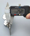 Measuring 2.5 mm thick heavy-duty self locking folding hinges for tables and cabinets with caliper. Silver steel material.
