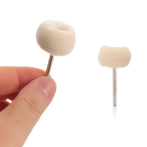 50 Piece Wool Polishing Buffing Wheels For Drill Attachments With White Cashmere Felt, held in hand, displaying flexible ball structure