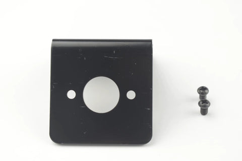 Front view of a black metal motor mounting bracket with a large central hole and small mounting holes; two screws beside