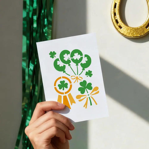Spring Season Reusable Art Stencils For Painting 12 Piece Collection Featuring Heart Clover And Rabbit Motifs on greeting card.