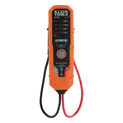 Voltage Test Kit With AC DC Tester, GFCI Outlet Tester And Non Contact Test Pen, 3 Piece, Built For 12 To 240 VAC And 1.5 To 24 V DC, Bright LED Lights For Easy Readouts And Handy Safety Checks, featuring an orange voltage tester with black and red leads