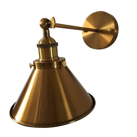 Two Pack Brass Finish Retro Industrial Wall Sconces With Cone Shade Adjustable 1 Light Wall Lamp 7.2 Inch Ideal For Bedroom Living Room Kitchen Dining Cafe Or Bar shown angled view