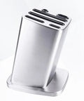 Six Slot Stainless Steel Kitchen Knife Block Holder With Tilted Slots And Angled Edges, Thick Construction Storage Rack For Camping And Desktop Use