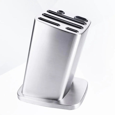 Six Slot Stainless Steel Kitchen Knife Block Holder With Tilted Slots And Angled Edges, Thick Construction Storage Rack For Camping And Desktop Use
